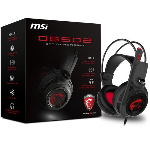 MSI DS502 Enhanced Virtual 7.1 Gaming Headset, Large 40mm Drivers, Closed Ear Cup Design, Vibration System, LED Lighting, Adjustable Microphone, Self-Adjusting Headband, Black - Red MSI DS502 Enhanced Virtual 7.1 Gaming Headset, Large 40mm Drivers, Closed Ear Cup Design, Vibration System, LED Lighting, Adjustable Microphone, Self-Adjusting Headband, Black - Red